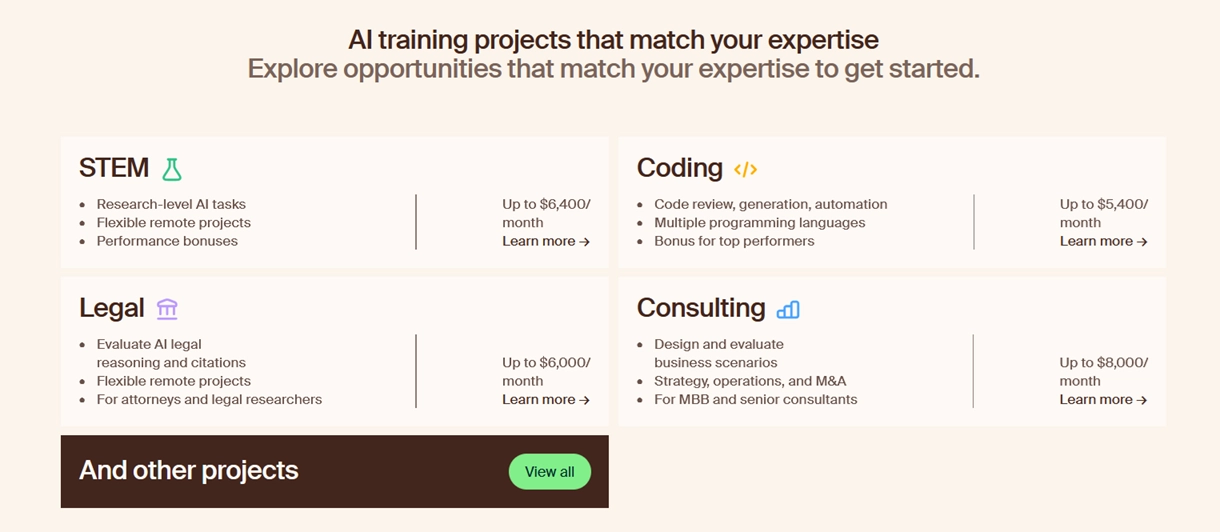Mindrift - STEM, coding, legal, consulting four major job categories