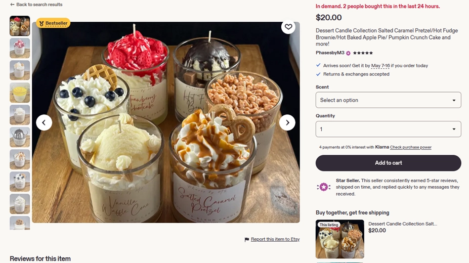Homemade candles Etsy listing example
