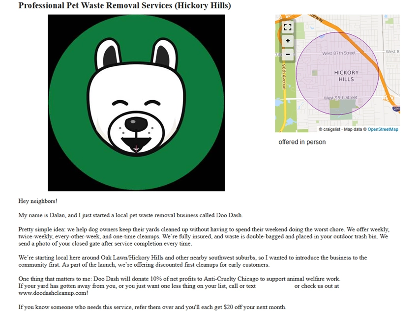 Pet waste removal service example on Craigslist