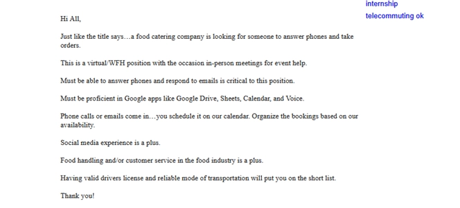 Virtual assistant job posting example on Craigslist