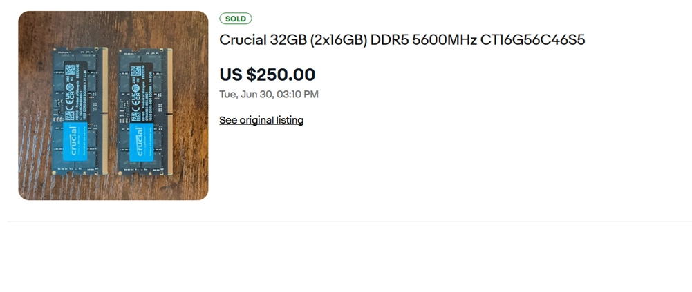 eBay sold listings screenshot showing DDR5 RAM modules selling for premium prices