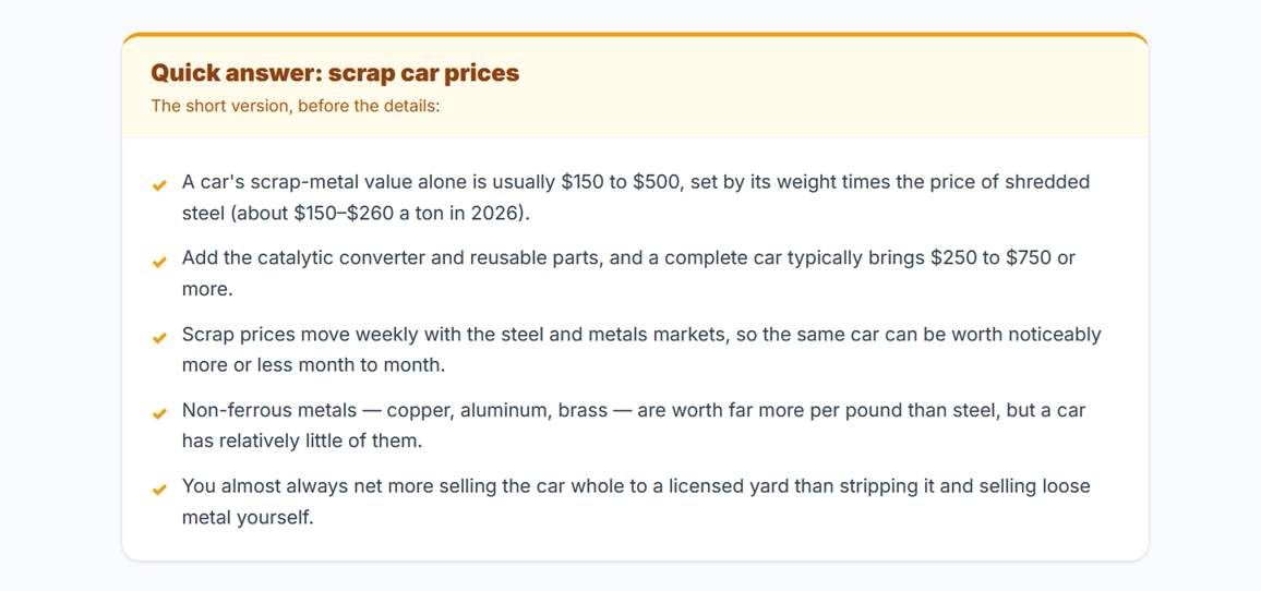 uPull-it scrap car prices page showing typical vehicle payout ranges of $150 to $750