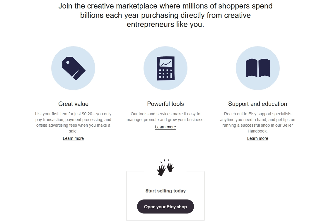 Etsy seller homepage for selling crafts online