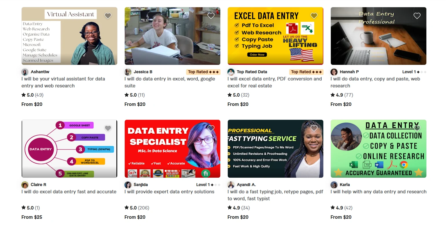Fiverr live example of real listings for data entry work