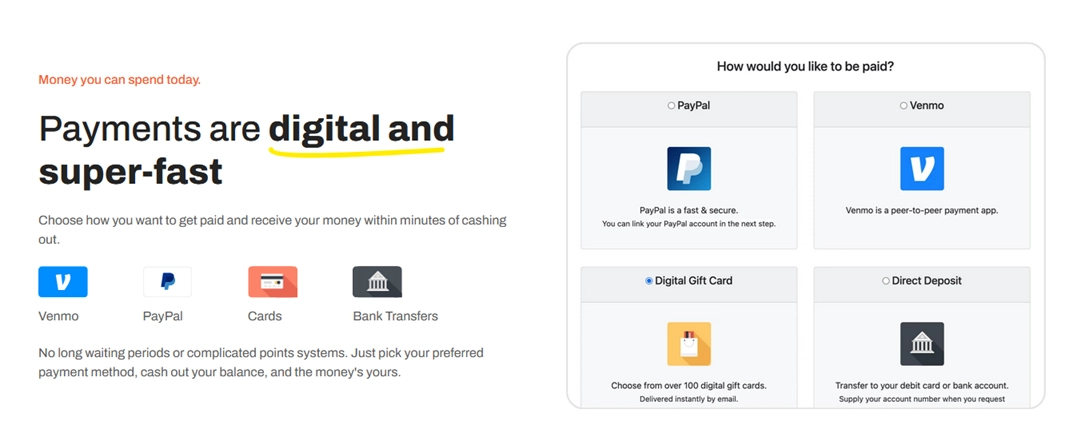 Earn Haus cash out options showing PayPal, Venmo, and gift card redemption