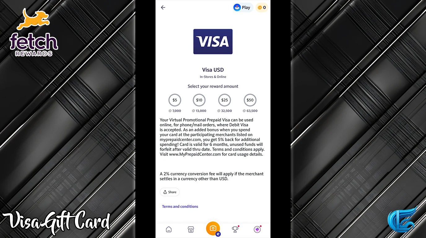 Fetch Rewards Visa gift card cash out options showing different amounts