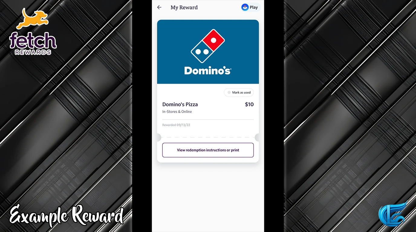Fetch Rewards redemption proof showing a $10 Domino's Pizza gift card