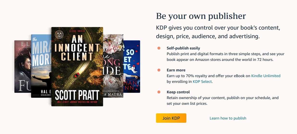 Amazon Kindle Direct Publishing homepage with be your own publisher tagline