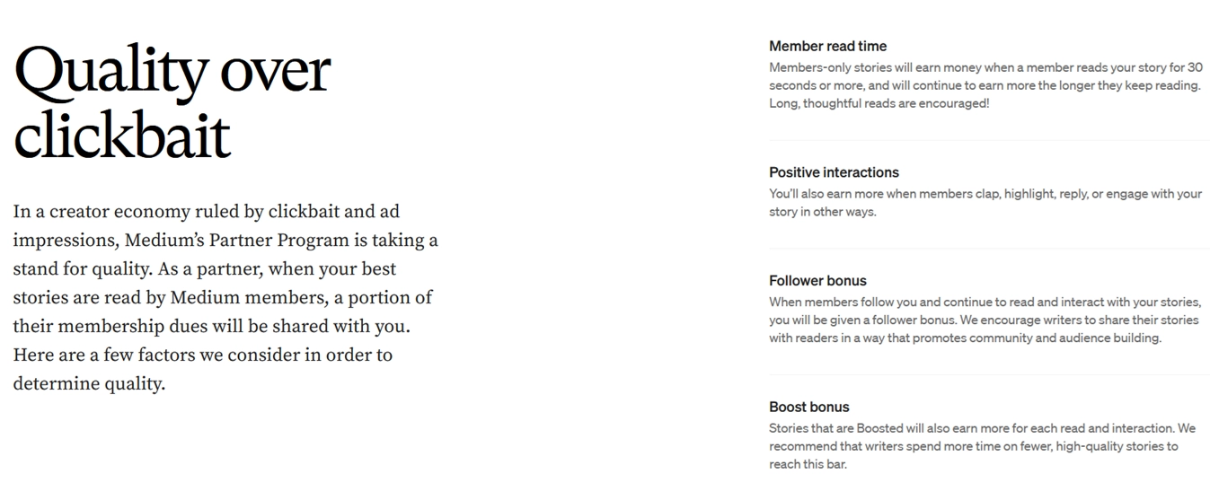 Medium Partner Program homepage showing quality-over-clickbait emphasis