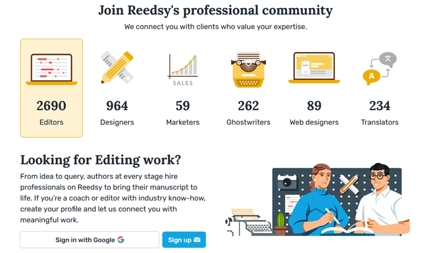 Reedsy website showing professional community stats: 2,960 editors total