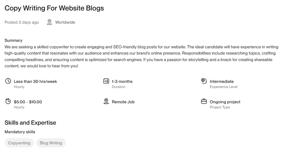 Upwork copywriting category page with a real blogs job example