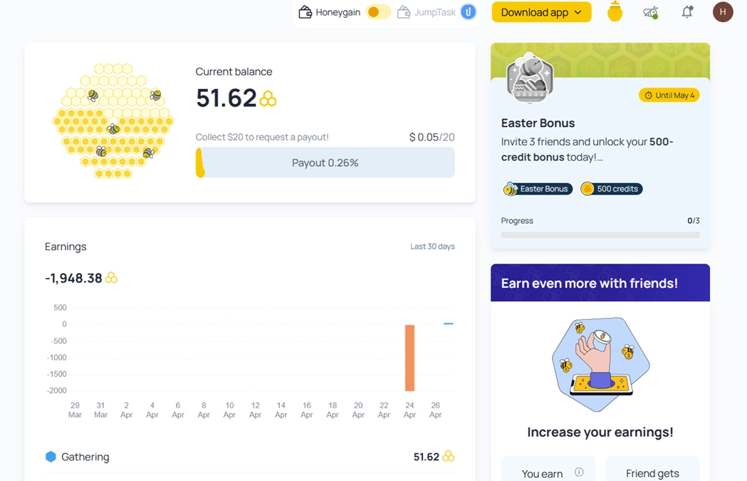 Honeygain dashboard showing earnings and data usage
