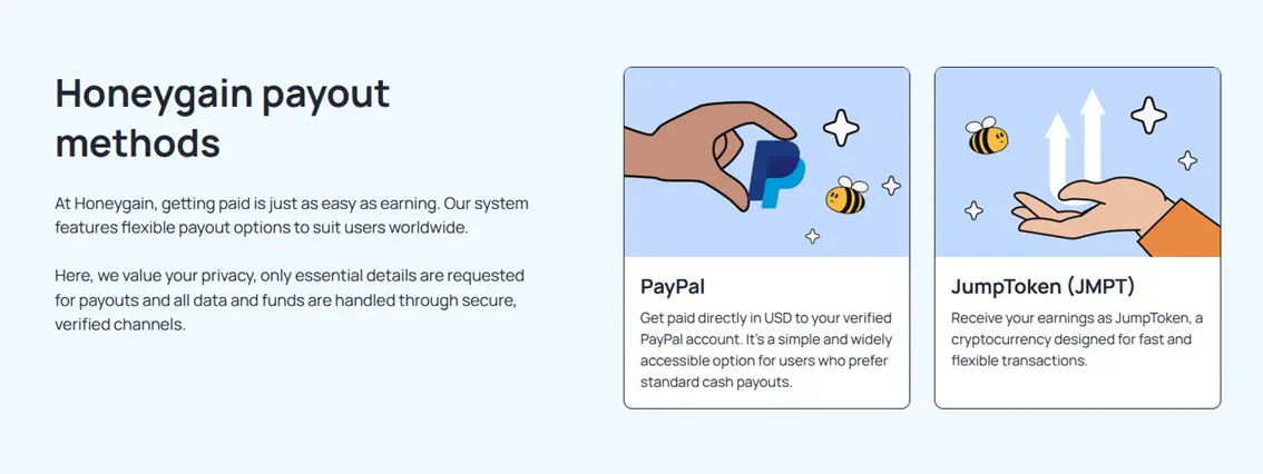 Honeygain payout methods including PayPal and JumpToken