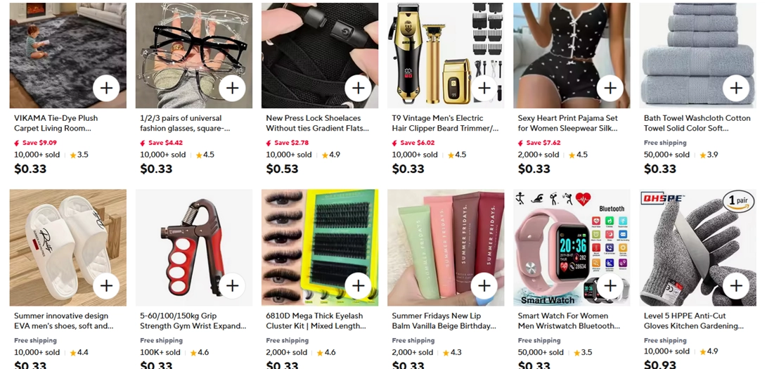 AliExpress store items example showing product listings and ratings