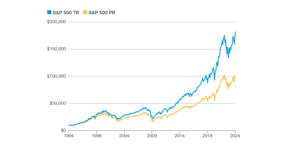 Charles Schwab dividend paying stocks 1994 to 2024 performance graph
