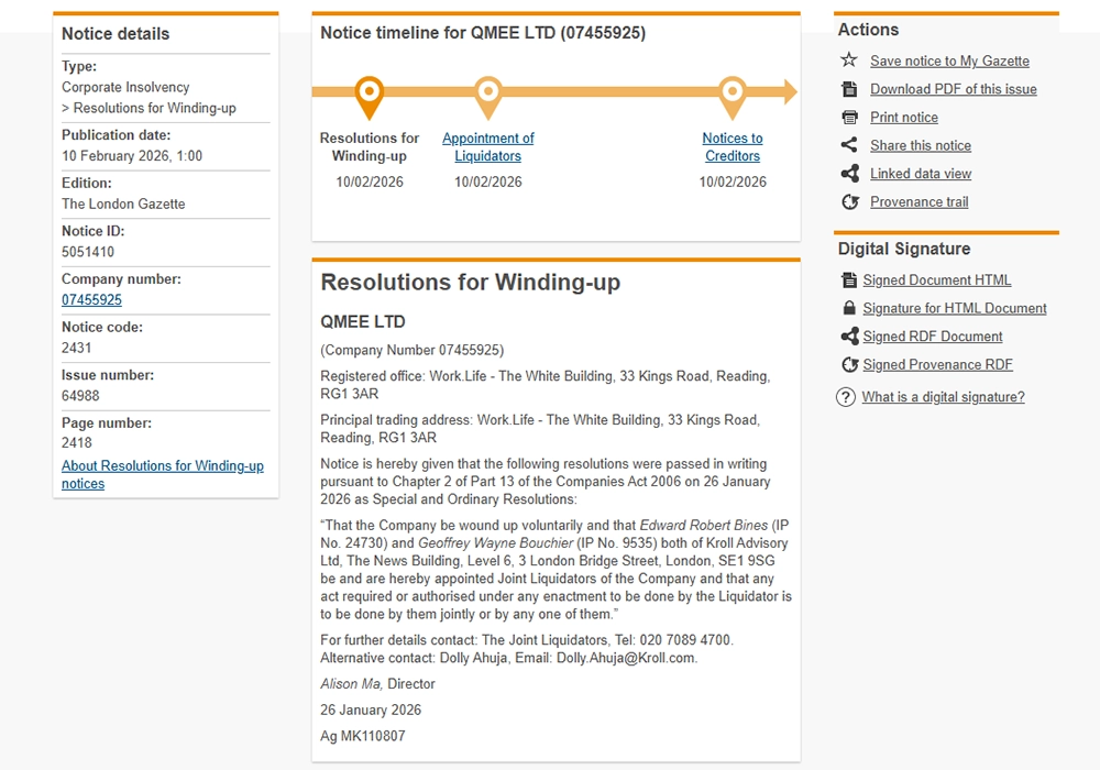 Qmee Ltd liquidation announcement in The Gazette