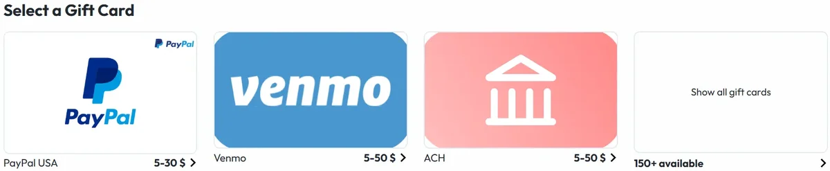 Live photo of NiceSurveys payment options like PayPal, Venmo, and Amazon gift cards