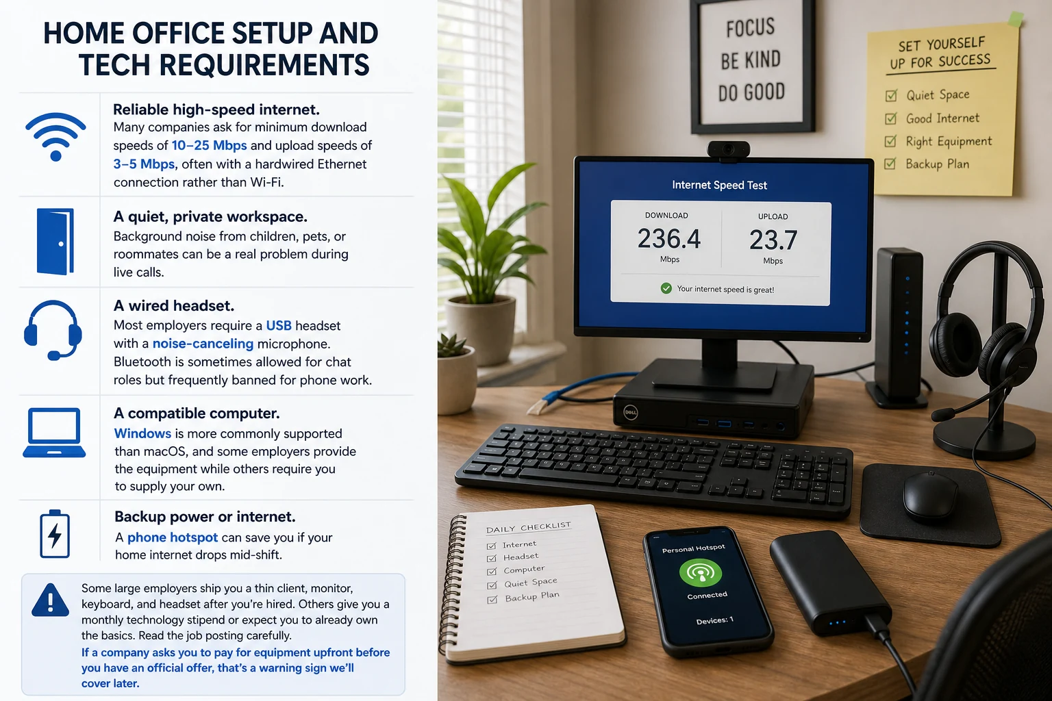 Home office setup and tech requirements for remote customer service jobs