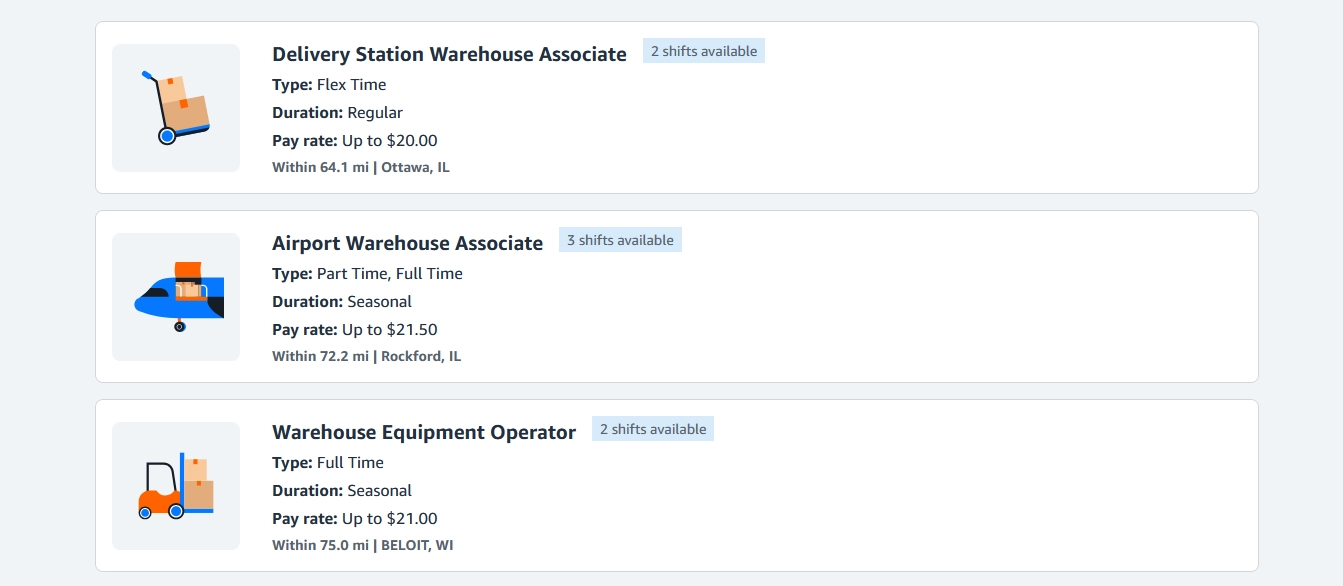 Amazon warehouse jobs listings showing live local openings