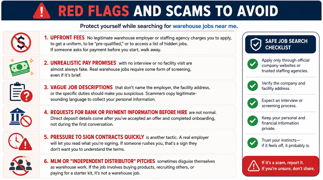 Warehouse job red flags and scams to avoid illustration