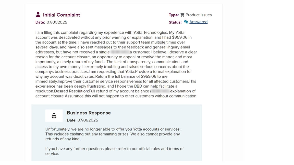 Yotta BBB Complaint showing F Rating